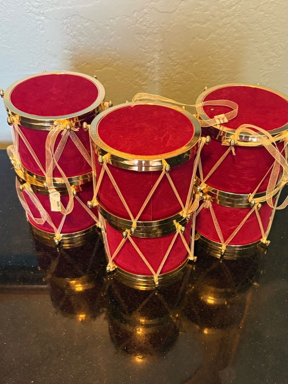 Six Festive Red Drum Ornaments with Gold Accents 4โ Diameter